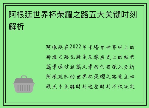 阿根廷世界杯荣耀之路五大关键时刻解析